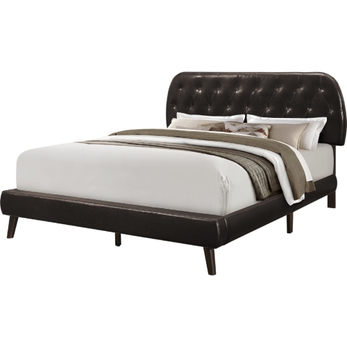 Queen Bed in Tufted Brown Leather Look on Wood Legs